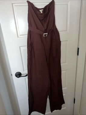 Strapless Brown Belted Linen-Blend Jumpsuit-Sim & Sam